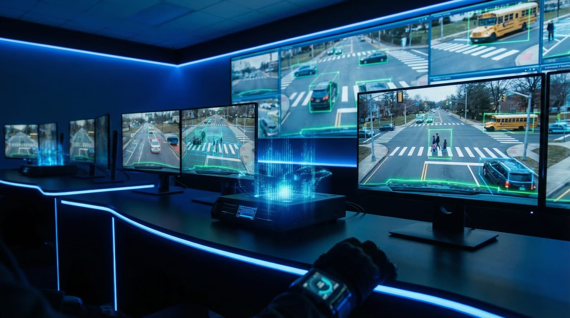 AI가 교차로, 횡단보도, 스쿨존 등 주요 장면을 분석하는 모습