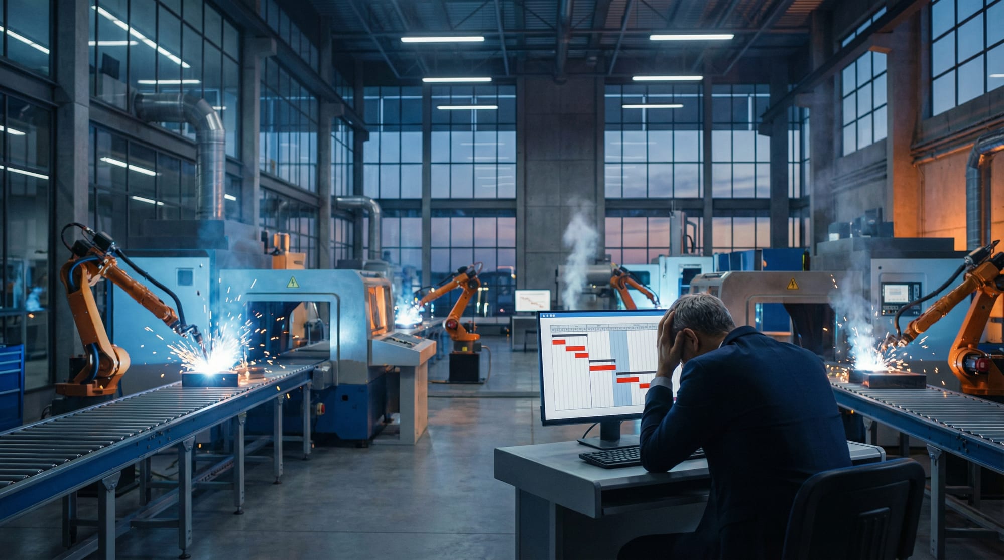 산업 현장에서 AI 프로젝트가 중단된 상황을 보여주는 이미지